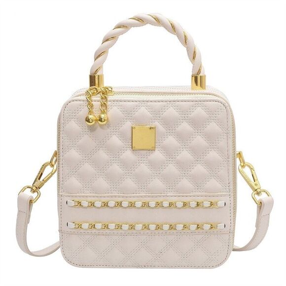 White Boxy Shape Quilted Accent Satchel Shoulder Handbag With Gold Trimming - Picture 1 of 4